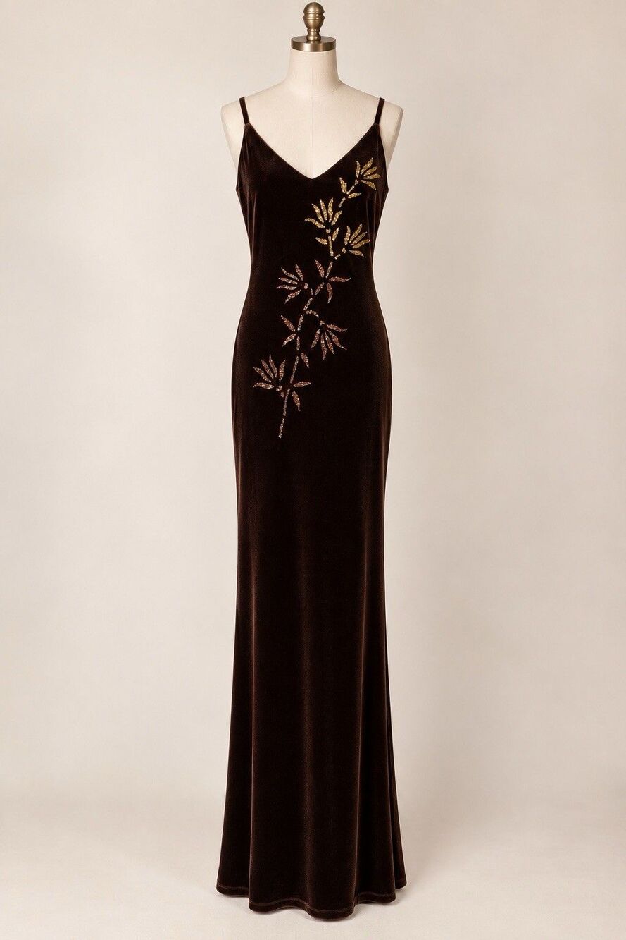 Vintage 90s Y2K Blondie Nites 3/4 Brown Velvet Beaded Maxi Slip Dress USA